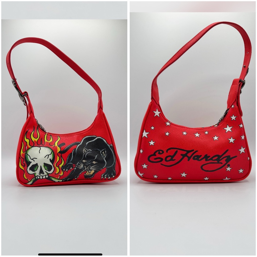 Ed Hardy Red Shoulder Bag with Playful Artwork